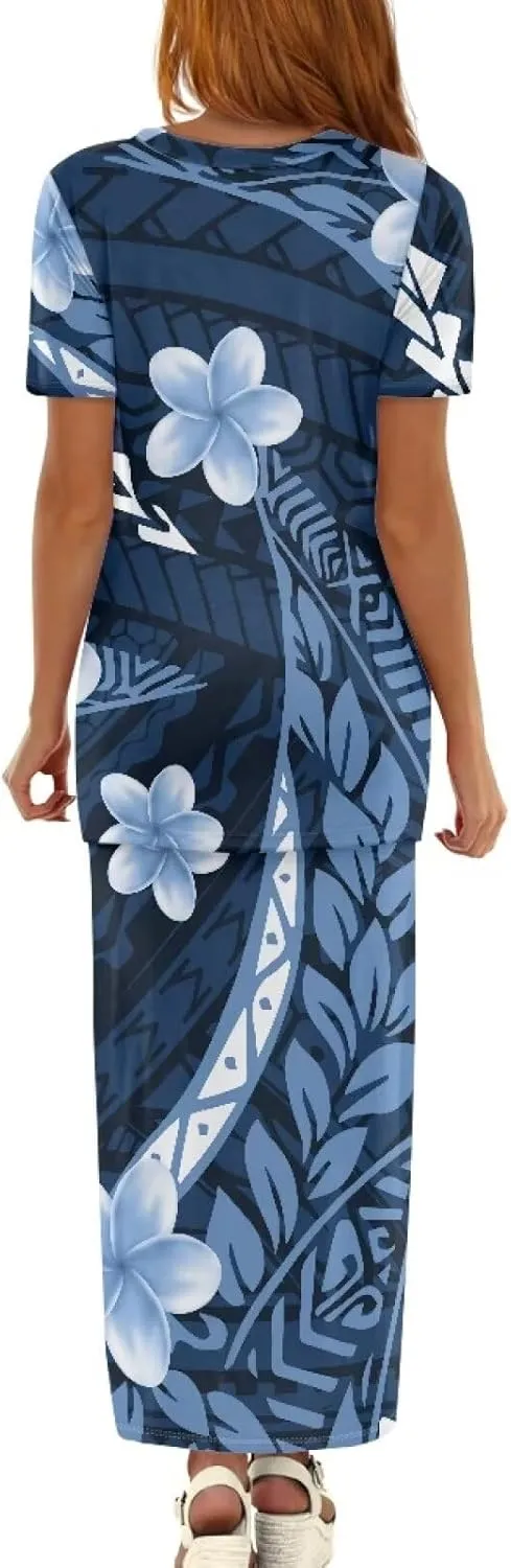 Polynesian Tribal Design Samoan Puletasi Set Dress Crew Neck Half Sleeve Puletaha Women 2 Piece Set Dresses