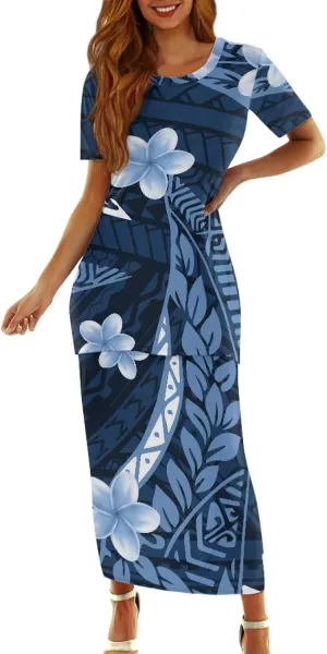 Polynesian Tribal Design Samoan Puletasi Set Dress Crew Neck Half Sleeve Puletaha Women 2 Piece Set Dresses