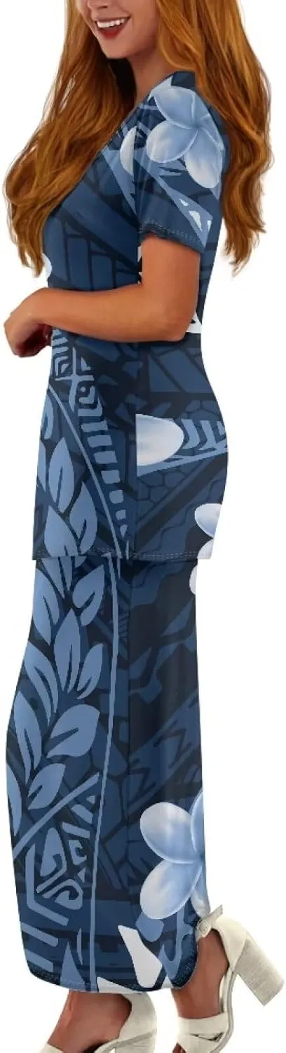 Polynesian Tribal Design Samoan Puletasi Set Dress Crew Neck Half Sleeve Puletaha Women 2 Piece Set Dresses