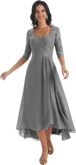 POMUYOO Tea Length Mother of The Bride Dresses for Wedding Lace Chiffon Long Formal Evening Gown with Sleeves