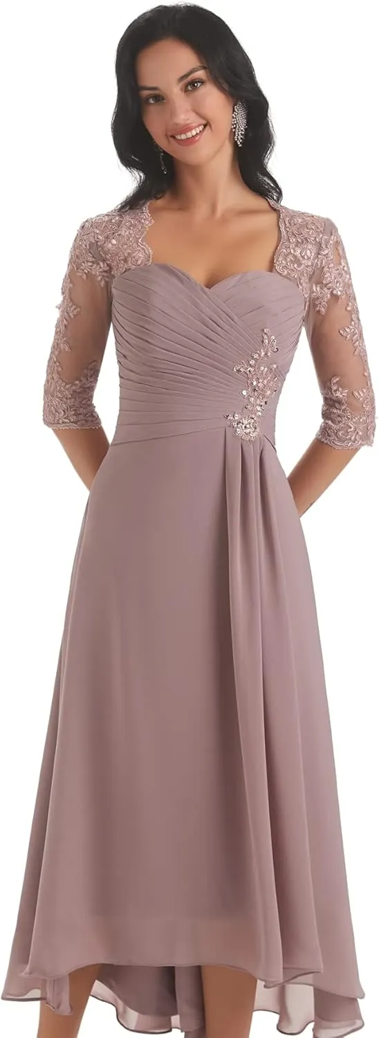 POMUYOO Tea Length Mother of The Bride Dresses for Wedding Lace Chiffon Long Formal Evening Gown with Sleeves
