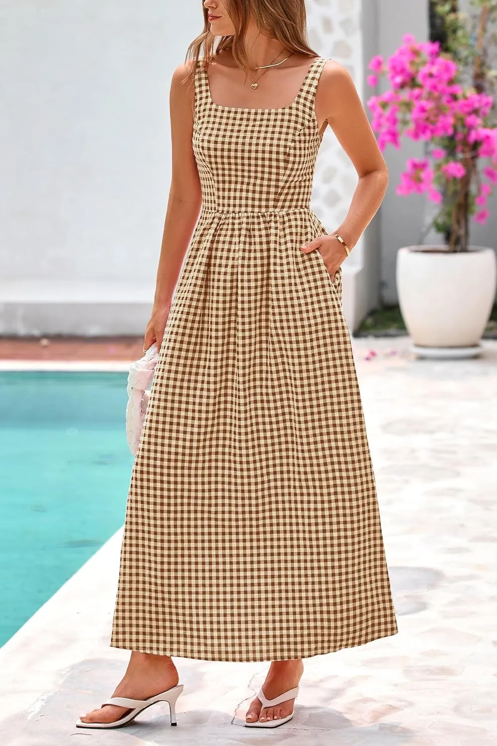 PRETTYGARDEN Women's 2025 Summer Spaghetti Strap Maxi Dresses Plaid Square Neck A Line Casual Beach Vacation Long Sundress