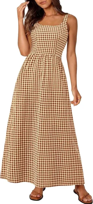 PRETTYGARDEN Women's 2025 Summer Spaghetti Strap Maxi Dresses Plaid Square Neck A Line Casual Beach Vacation Long Sundress