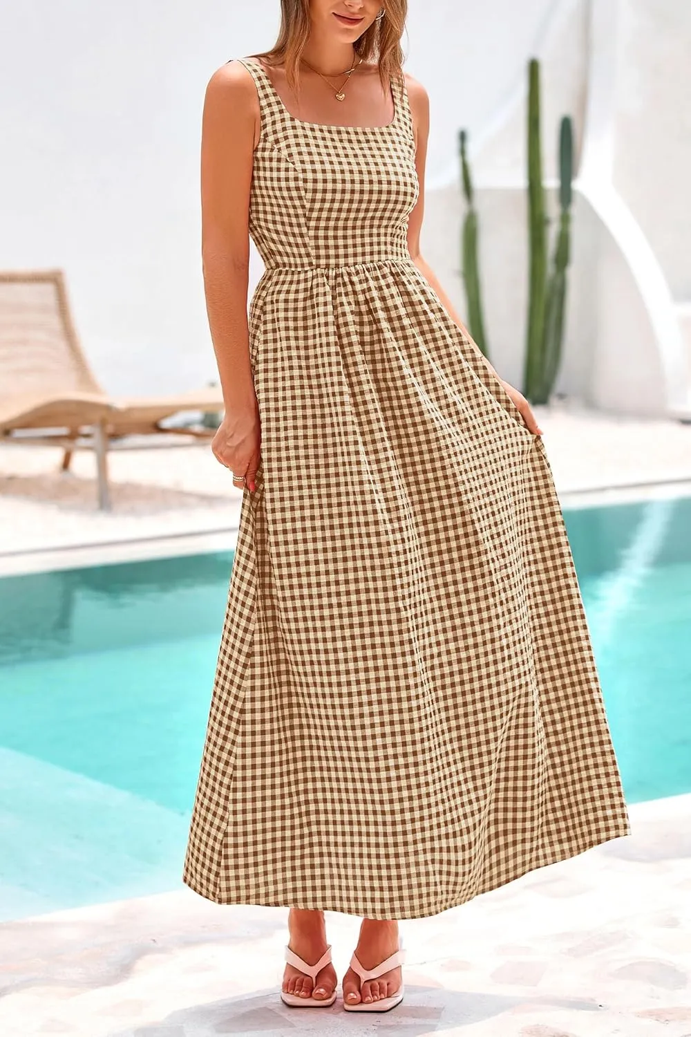 PRETTYGARDEN Women's 2025 Summer Spaghetti Strap Maxi Dresses Plaid Square Neck A Line Casual Beach Vacation Long Sundress