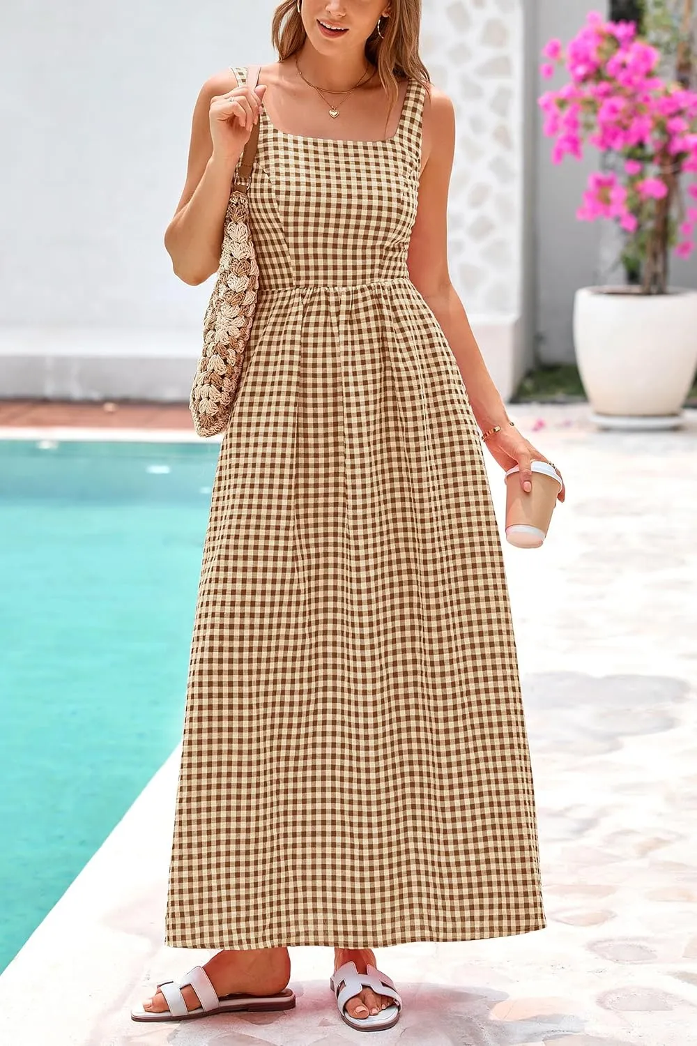 PRETTYGARDEN Women's 2025 Summer Spaghetti Strap Maxi Dresses Plaid Square Neck A Line Casual Beach Vacation Long Sundress