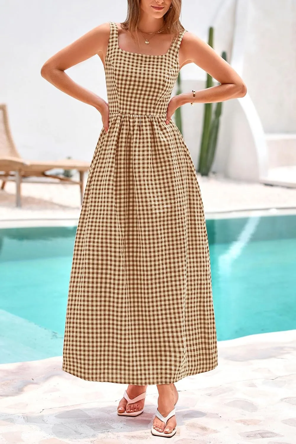 PRETTYGARDEN Women's 2025 Summer Spaghetti Strap Maxi Dresses Plaid Square Neck A Line Casual Beach Vacation Long Sundress