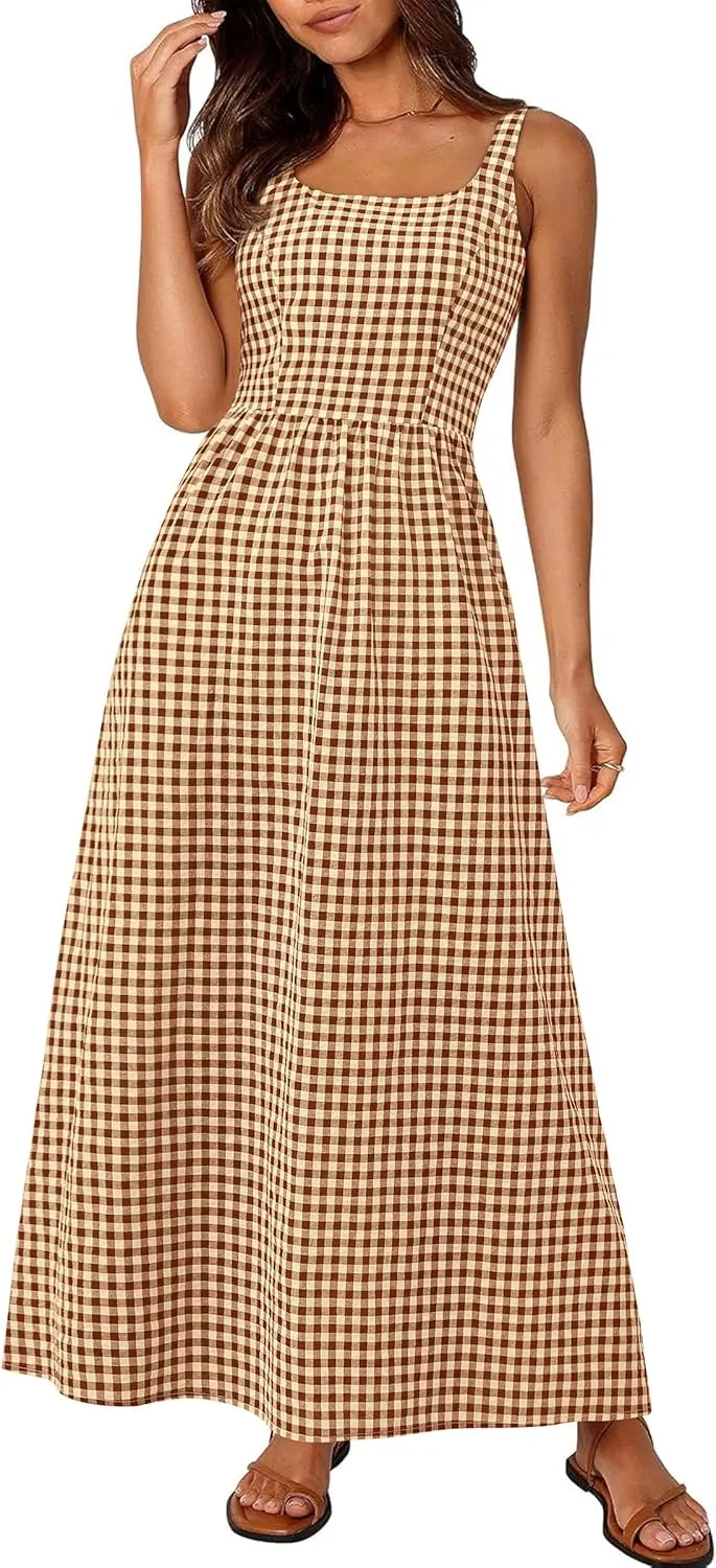 PRETTYGARDEN Women's 2025 Summer Spaghetti Strap Maxi Dresses Plaid Square Neck A Line Casual Beach Vacation Long Sundress