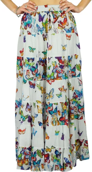 Printed Long Maxi Cotton Beach Wear Skirt for Women Elastic Waist Skirt Summer Wear