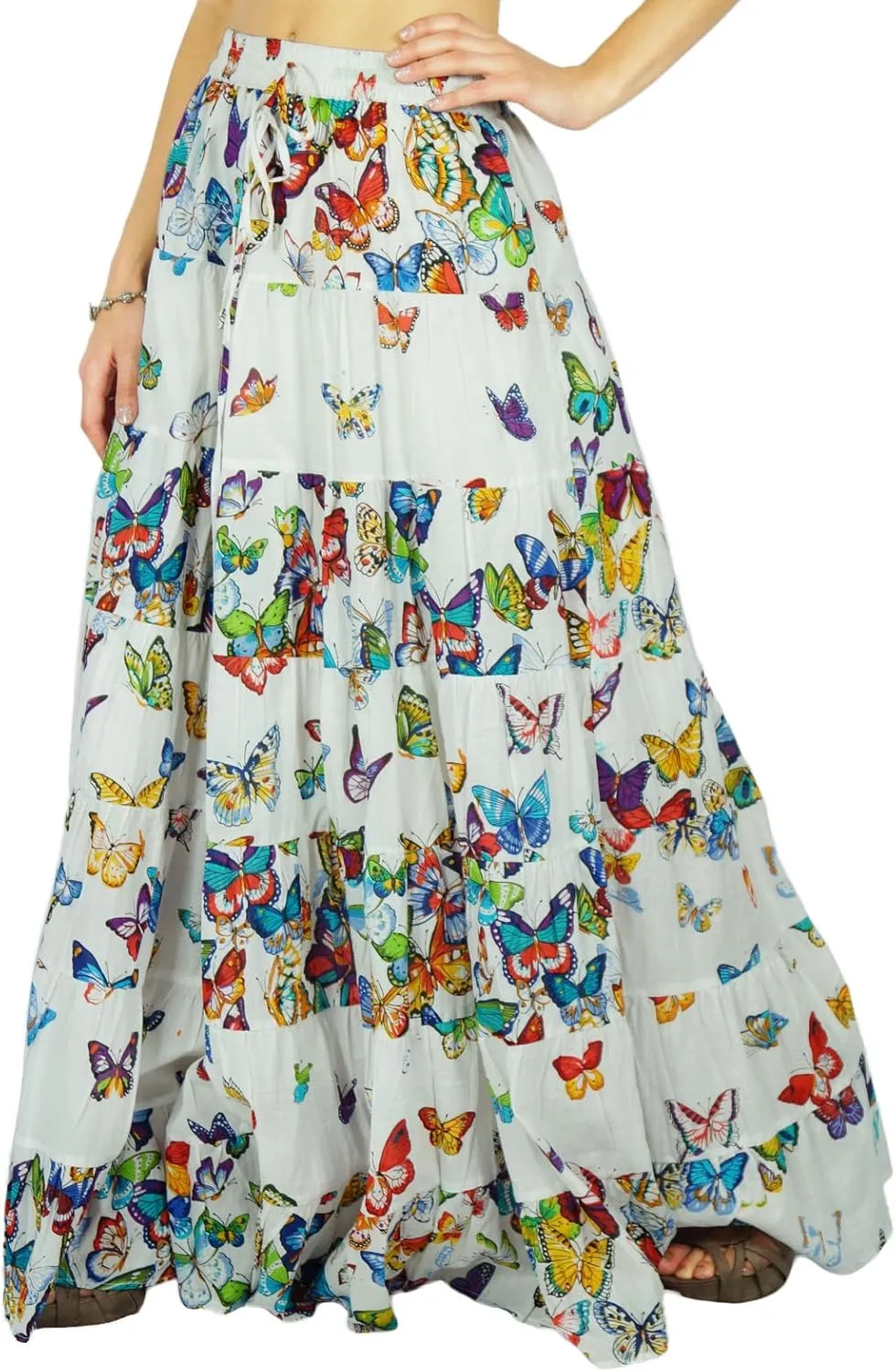 Printed Long Maxi Cotton Beach Wear Skirt for Women Elastic Waist Skirt Summer Wear