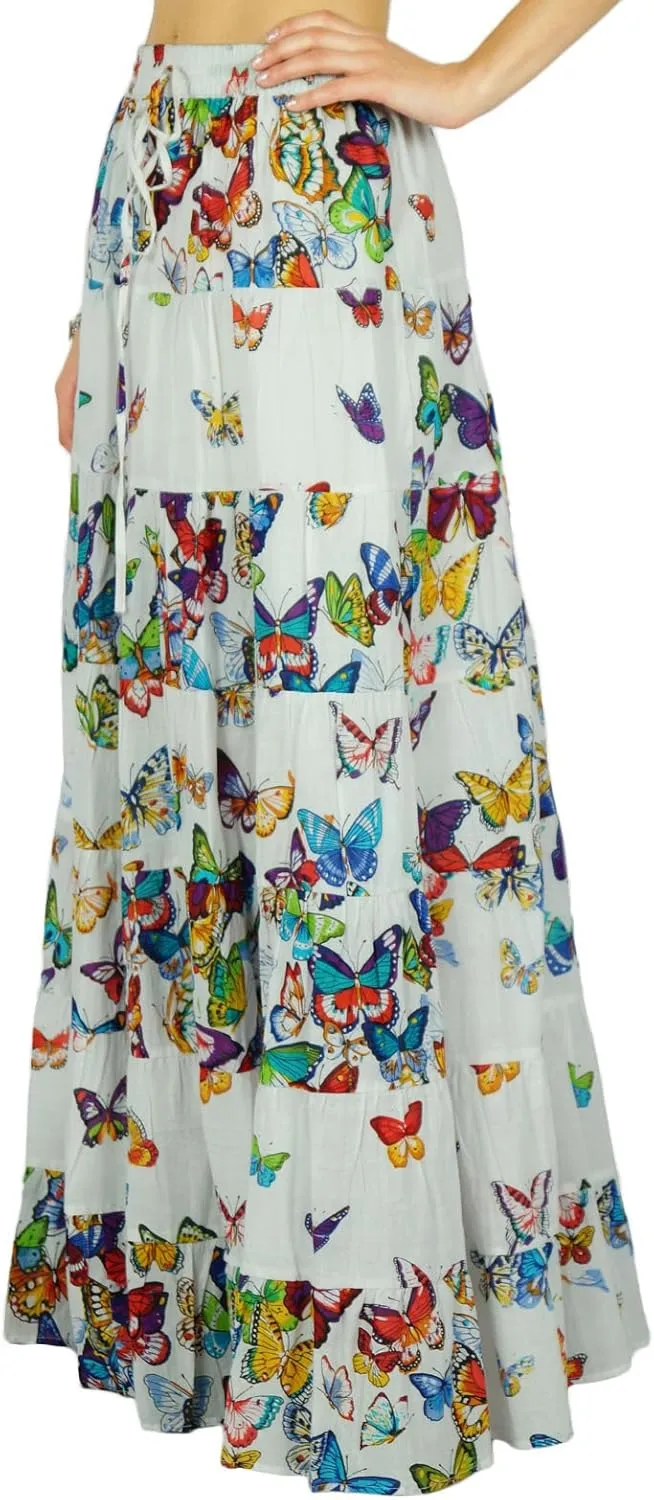 Printed Long Maxi Cotton Beach Wear Skirt for Women Elastic Waist Skirt Summer Wear