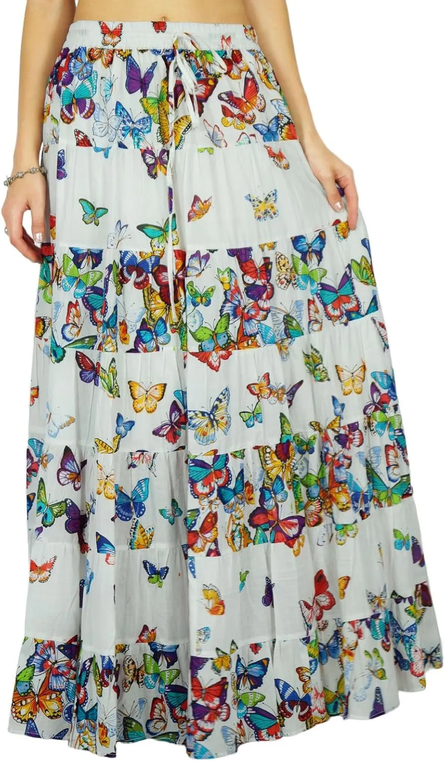Printed Long Maxi Cotton Beach Wear Skirt for Women Elastic Waist Skirt Summer Wear