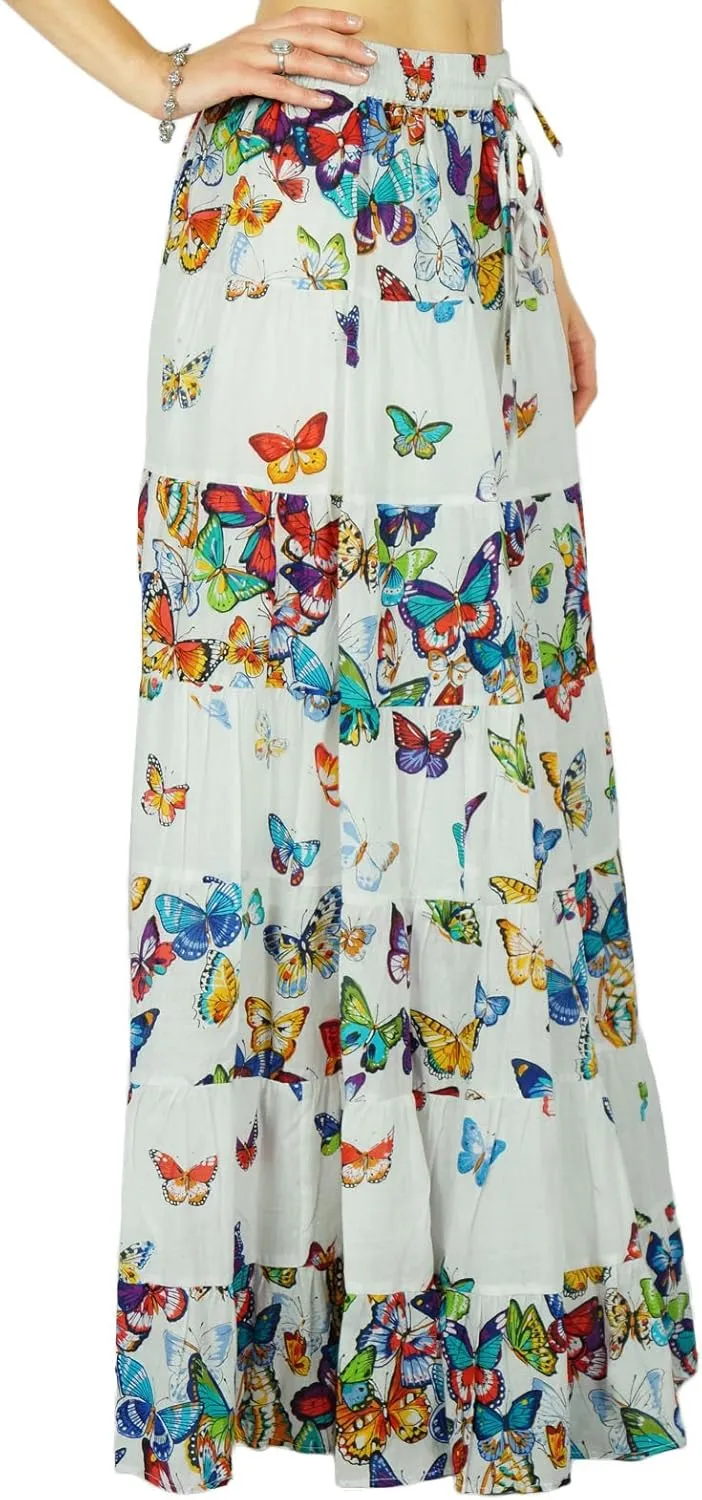 Printed Long Maxi Cotton Beach Wear Skirt for Women Elastic Waist Skirt Summer Wear