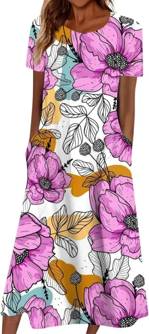 PTOLOCIF Maxi Dresses for Women,Summer Trendy Floral Printed Sundress,Casual Loose Crewneck Short Sleeve Midi Dress w/Pocket