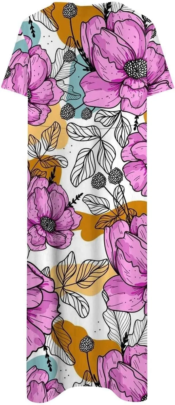 PTOLOCIF Maxi Dresses for Women,Summer Trendy Floral Printed Sundress,Casual Loose Crewneck Short Sleeve Midi Dress w/Pocket