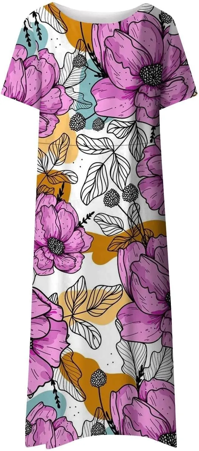 PTOLOCIF Maxi Dresses for Women,Summer Trendy Floral Printed Sundress,Casual Loose Crewneck Short Sleeve Midi Dress w/Pocket