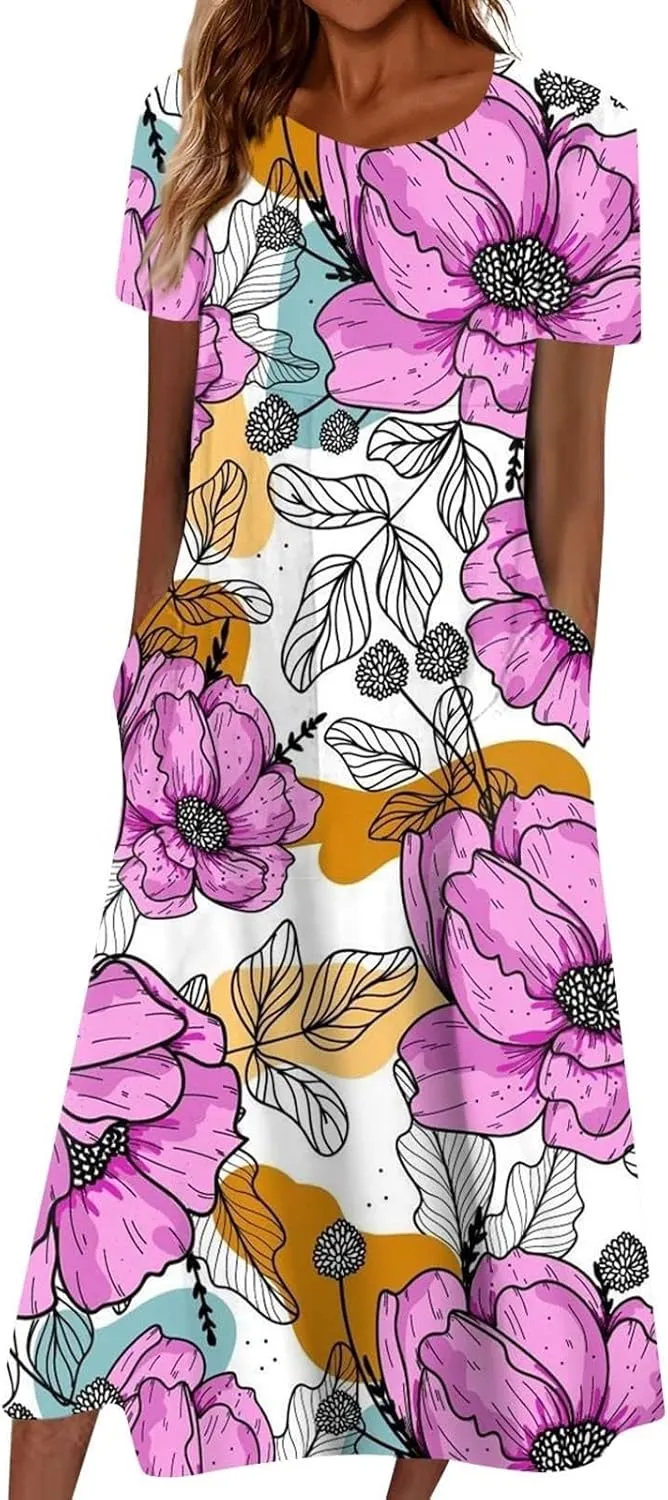 PTOLOCIF Maxi Dresses for Women,Summer Trendy Floral Printed Sundress,Casual Loose Crewneck Short Sleeve Midi Dress w/Pocket