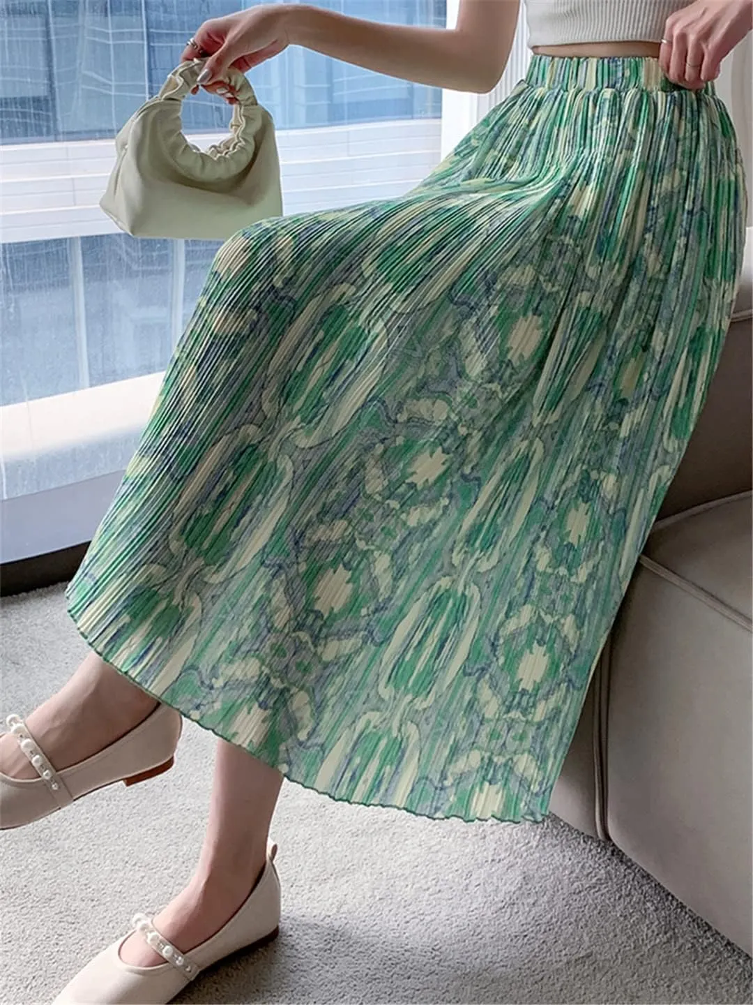 Pulcykp Pleated Midi Skirt Women Spring Summer Floral Print A Line High Waist Long Skirt