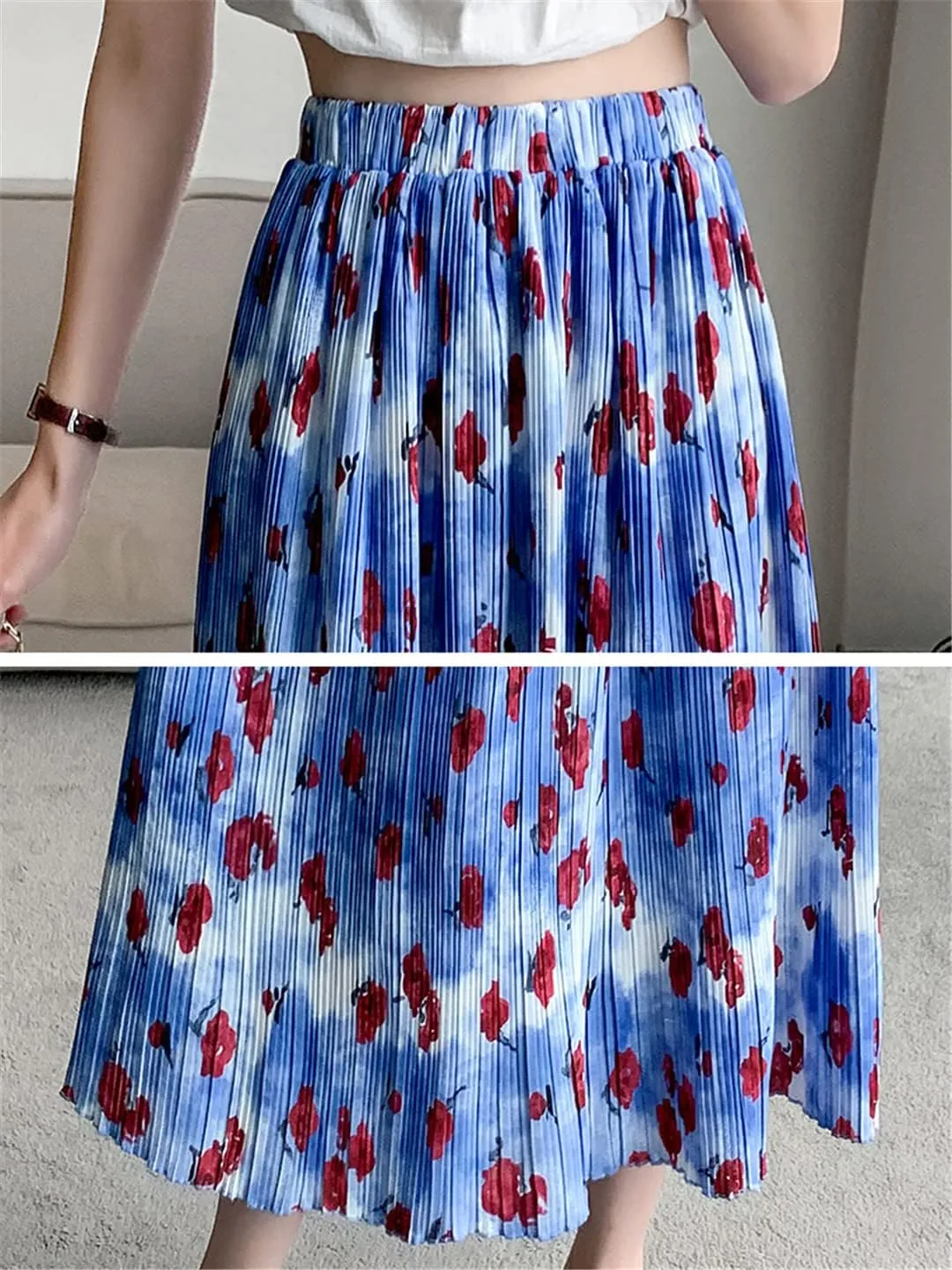 Pulcykp Pleated Midi Skirt Women Spring Summer Floral Print A Line High Waist Long Skirt