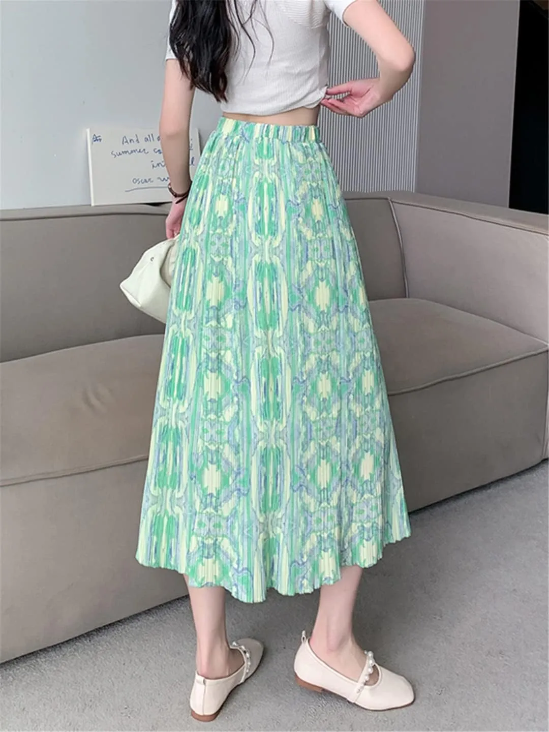Pulcykp Pleated Midi Skirt Women Spring Summer Floral Print A Line High Waist Long Skirt