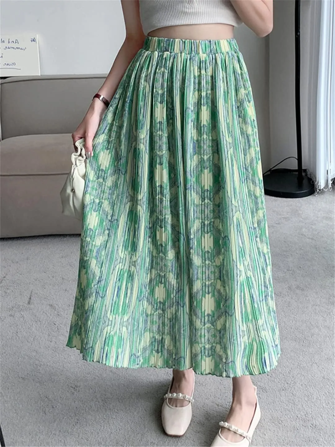 Pulcykp Pleated Midi Skirt Women Spring Summer Floral Print A Line High Waist Long Skirt
