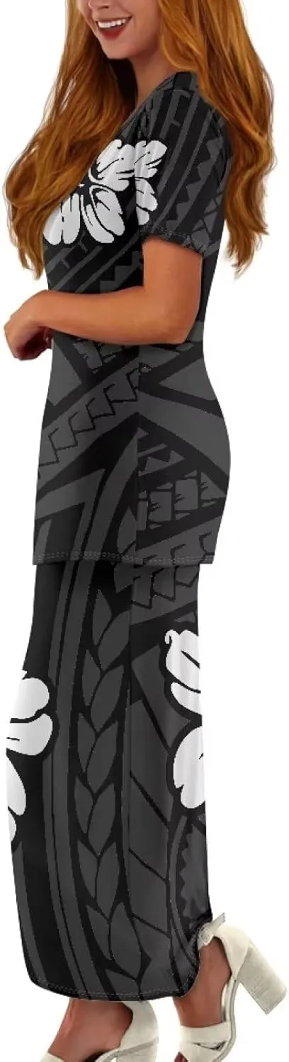 Puletasi Polynesian Tribal Clothing Two Piece Skirt Set for Women Outfits Short Sleeve Top High Waist Midi Skirt