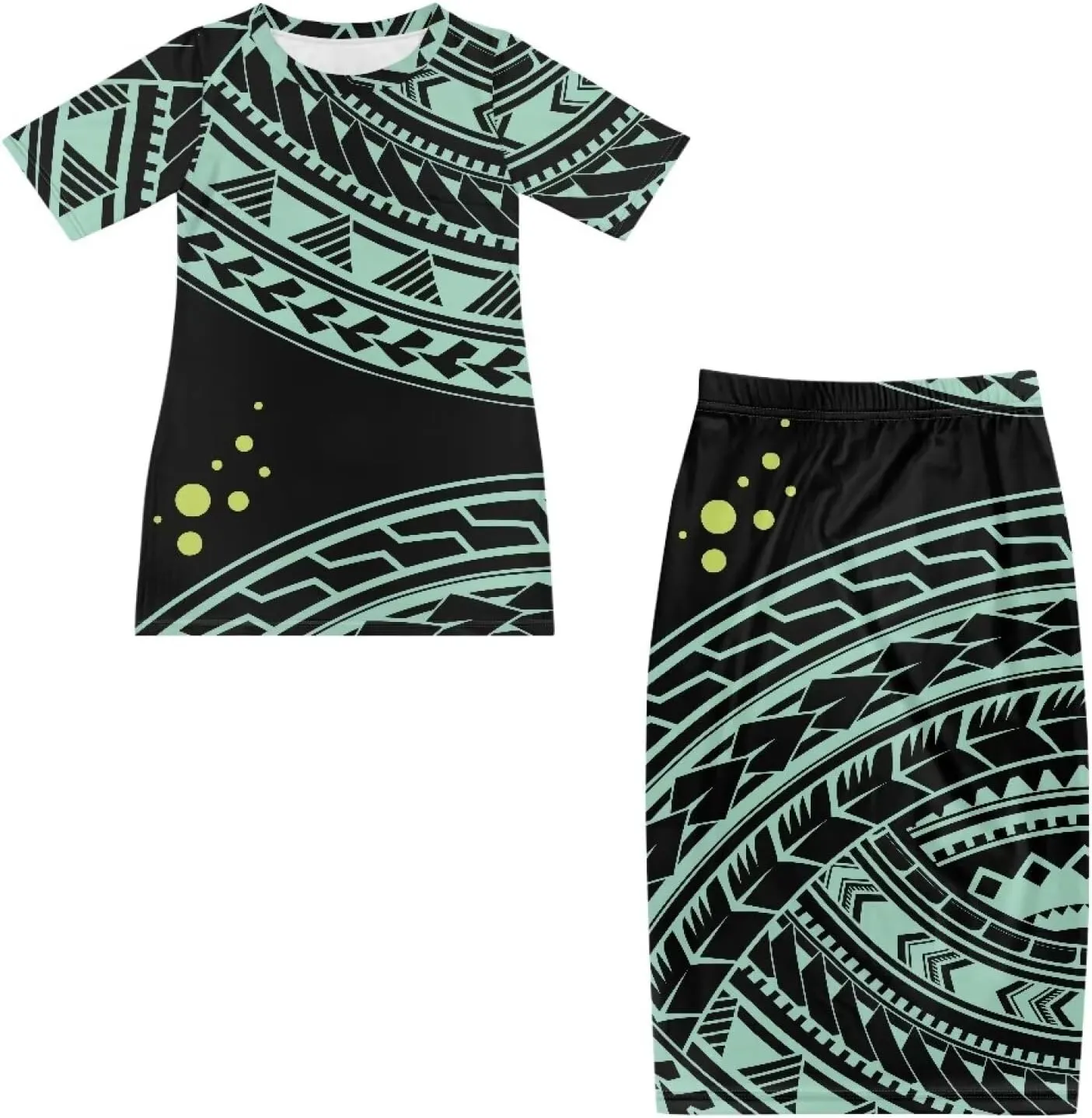 Puletasi Polynesian Tribal Clothing Two Piece Skirt Set for Women Outfits Short Sleeve Top High Waist Midi Skirt