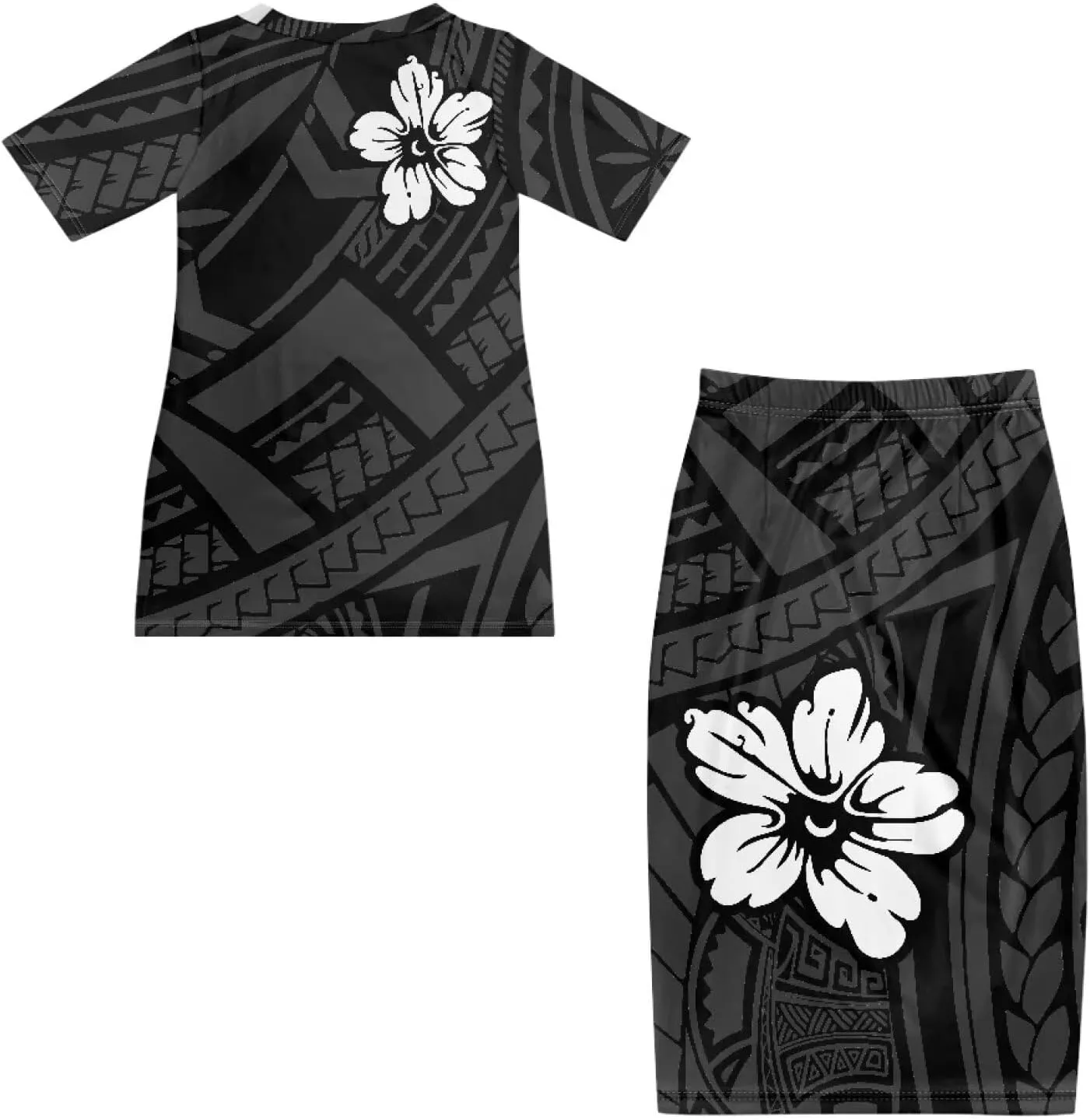 Puletasi Polynesian Tribal Clothing Two Piece Skirt Set for Women Outfits Short Sleeve Top High Waist Midi Skirt