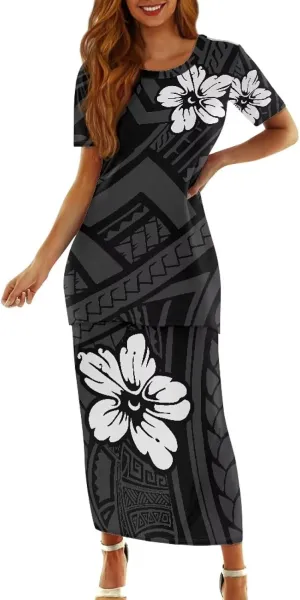 Puletasi Polynesian Tribal Clothing Two Piece Skirt Set for Women Outfits Short Sleeve Top High Waist Midi Skirt