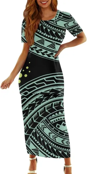 Puletasi Polynesian Tribal Clothing Two Piece Skirt Set for Women Outfits Short Sleeve Top High Waist Midi Skirt