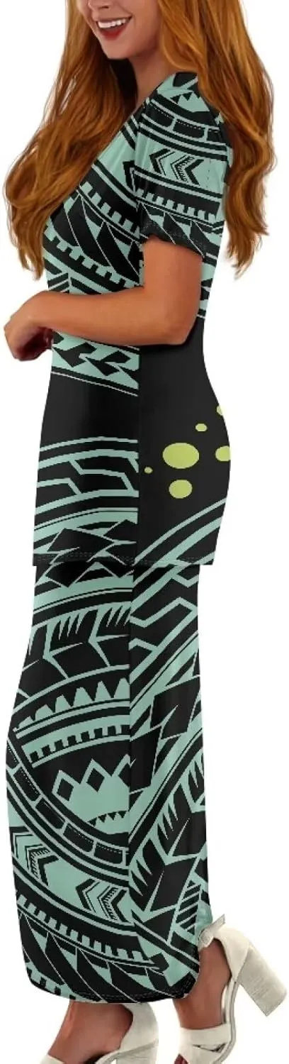 Puletasi Polynesian Tribal Clothing Two Piece Skirt Set for Women Outfits Short Sleeve Top High Waist Midi Skirt