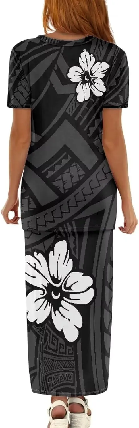 Puletasi Polynesian Tribal Clothing Two Piece Skirt Set for Women Outfits Short Sleeve Top High Waist Midi Skirt