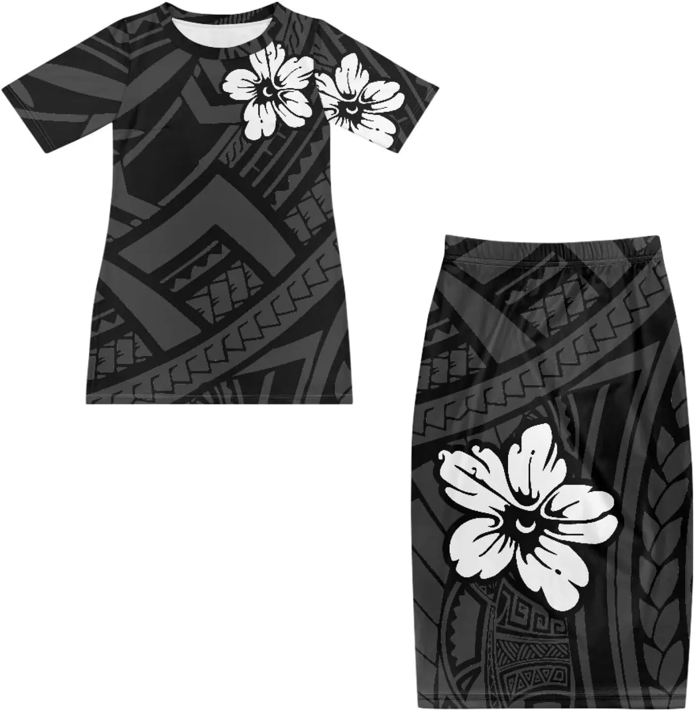 Puletasi Polynesian Tribal Clothing Two Piece Skirt Set for Women Outfits Short Sleeve Top High Waist Midi Skirt