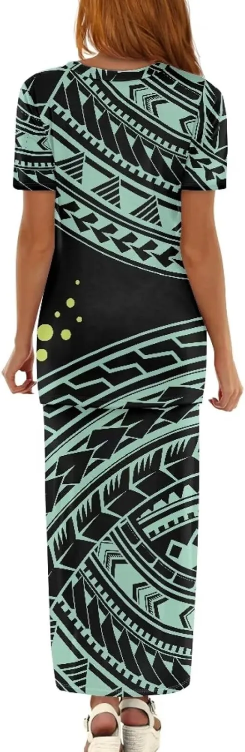 Puletasi Polynesian Tribal Clothing Two Piece Skirt Set for Women Outfits Short Sleeve Top High Waist Midi Skirt