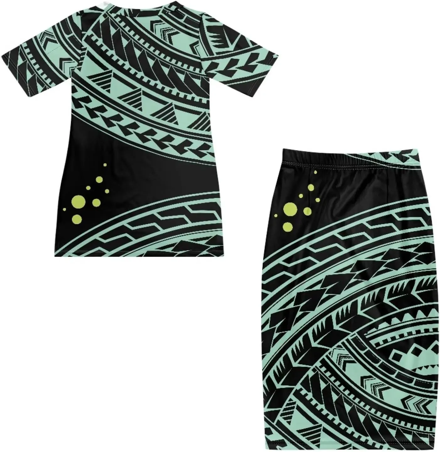 Puletasi Polynesian Tribal Clothing Two Piece Skirt Set for Women Outfits Short Sleeve Top High Waist Midi Skirt