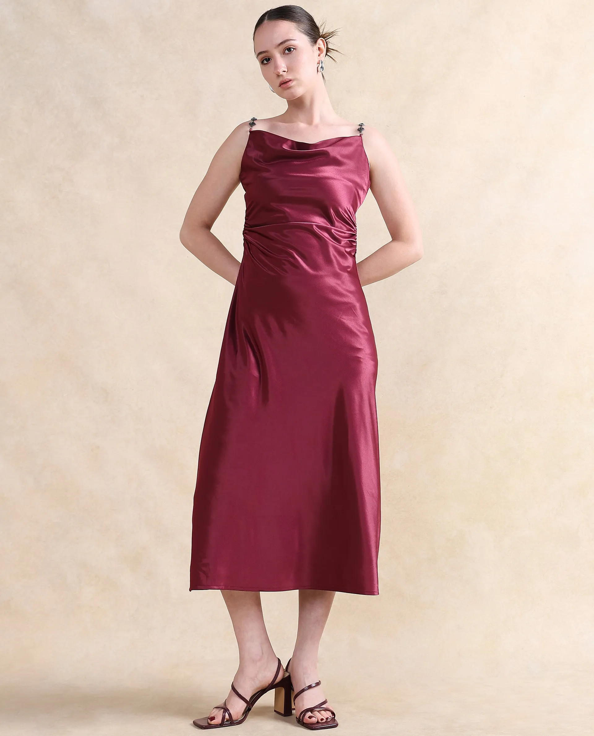 Rareism Women Roala Maroon Satin Sleeveless Shoulder Straps Zipper Closure Fitted Maxi Plain Dress
