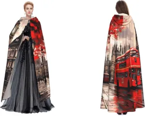 (Red London Street) Adult Full Length Hooded Cape Mystic Hooded Cloak For Halloween Party Christmas Cosplay Costume