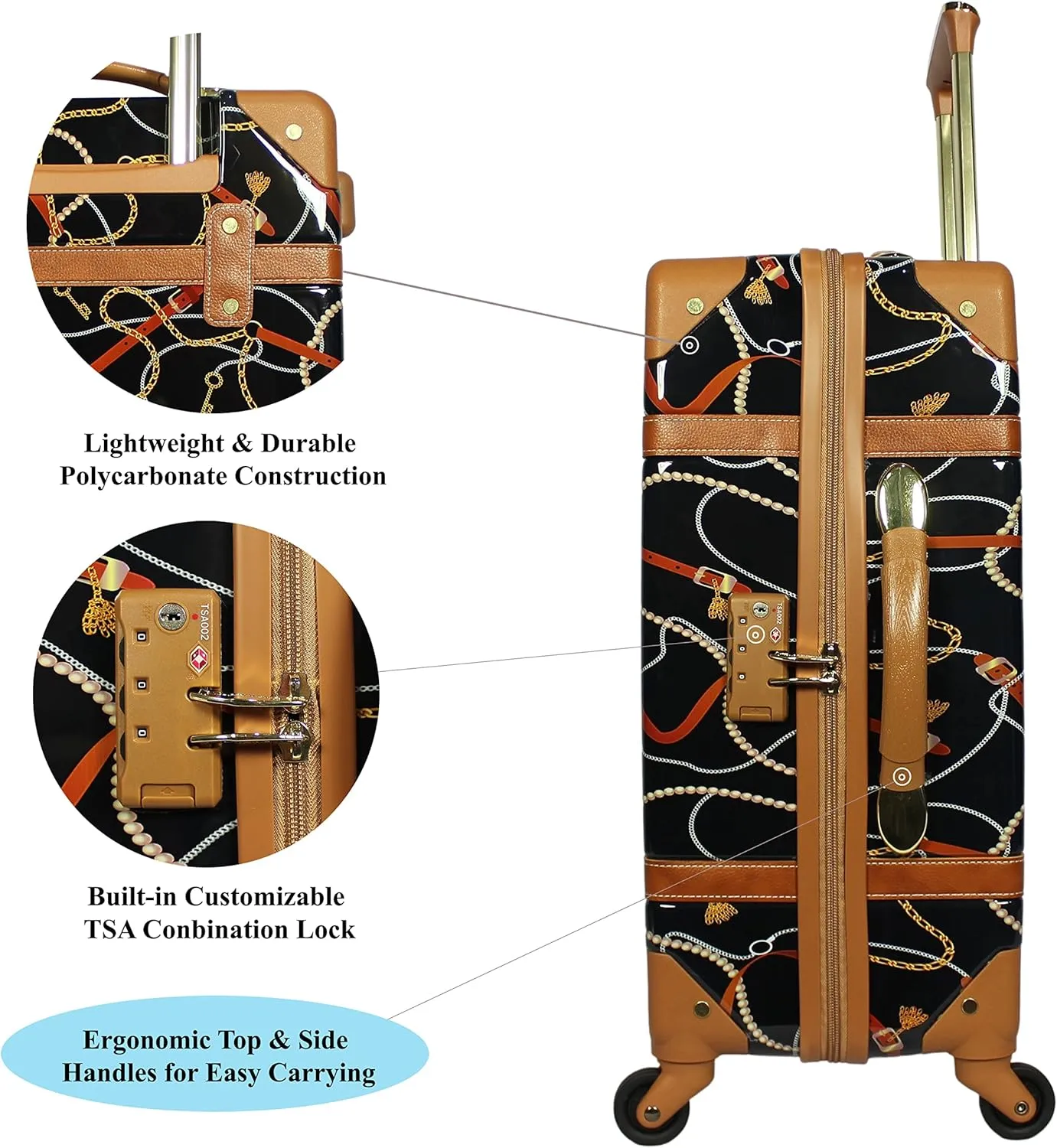 Regal Vintage Style Hardside Carry-On Retro Train Case Spinner Luggage, Black, 2-Piece Set (Tote/20-Inch)
