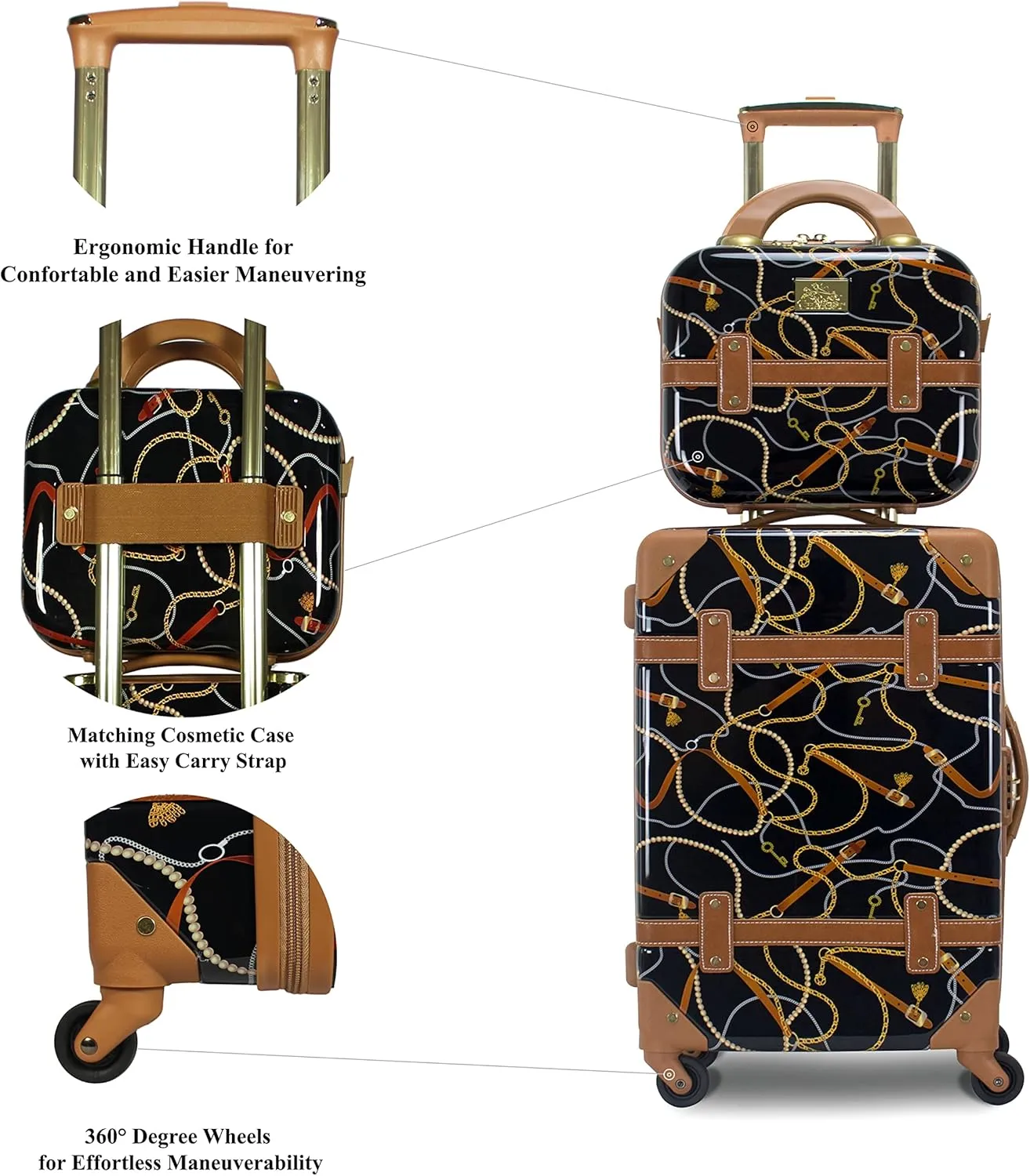 Regal Vintage Style Hardside Carry-On Retro Train Case Spinner Luggage, Black, 2-Piece Set (Tote/20-Inch)
