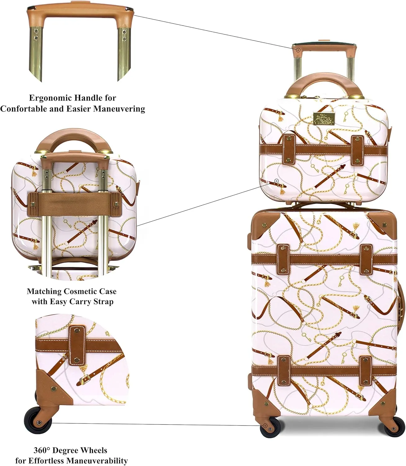 Regal Vintage Style Hardside Carry-On Retro Train Case Spinner Luggage, Ivory, 2-Piece Set (Tote/20-Inch)