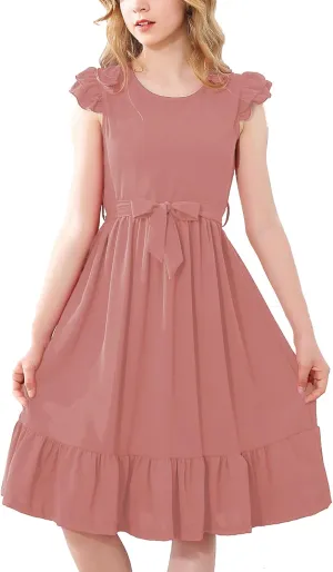 RETSUGO Girls Dresses Ruffle Sleeve Dress Flutter Hem A-Line Swing Pleated Tiered Casual Solid Color Party Dress 6-14 Years