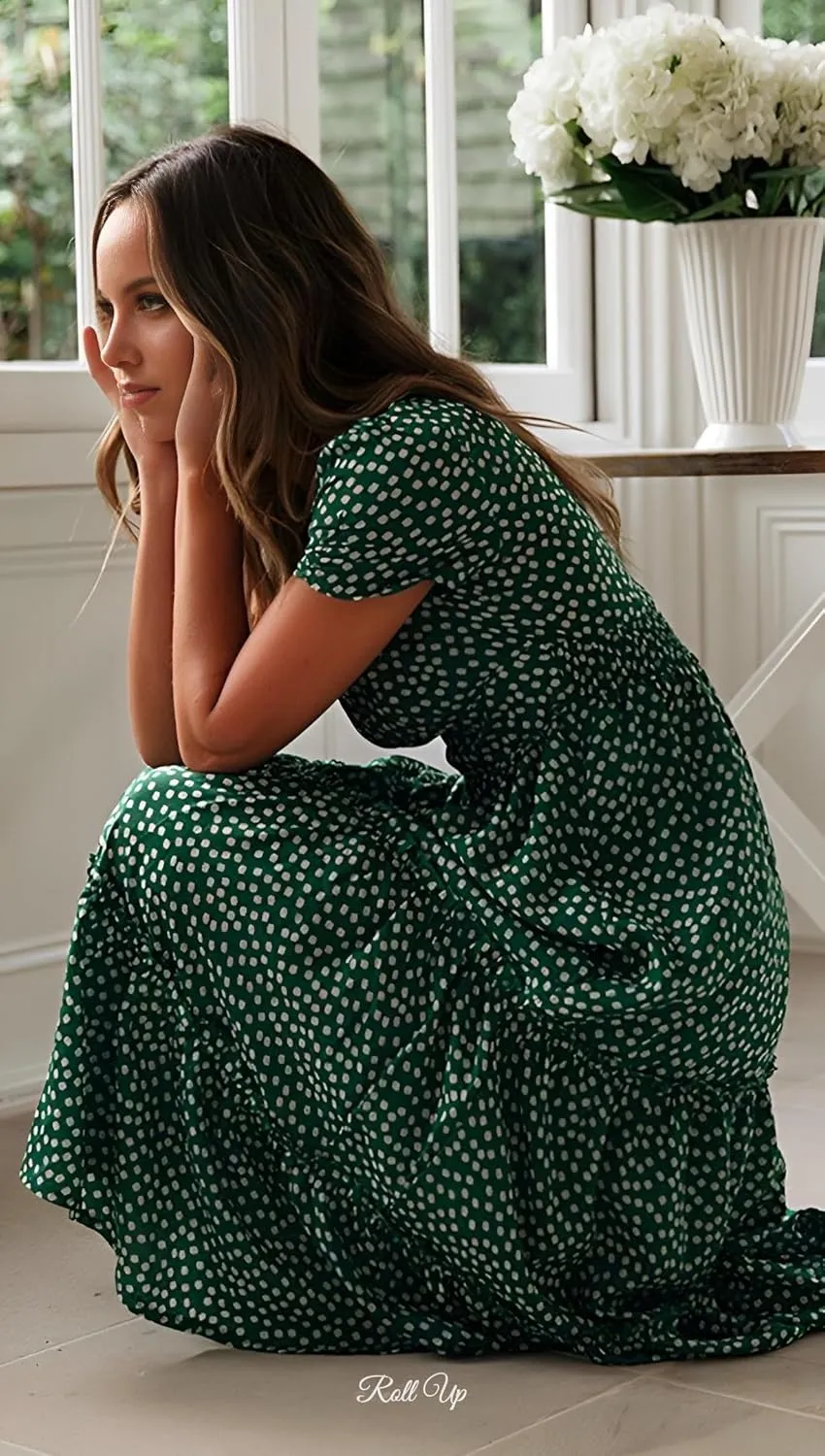 Roll Up Fashion Women's Girls Spring Summer Floral Midi Dress Ruffle Hem Puff Sleeves Cute Trendy Dresses