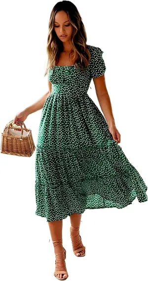 Roll Up Fashion Women's Girls Spring Summer Floral Midi Dress Ruffle Hem Puff Sleeves Cute Trendy Dresses