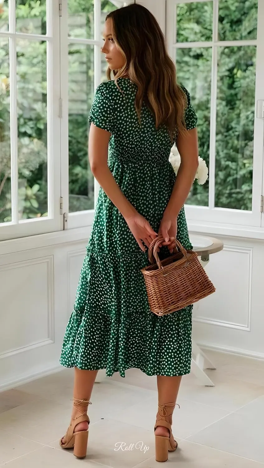 Roll Up Fashion Women's Girls Spring Summer Floral Midi Dress Ruffle Hem Puff Sleeves Cute Trendy Dresses