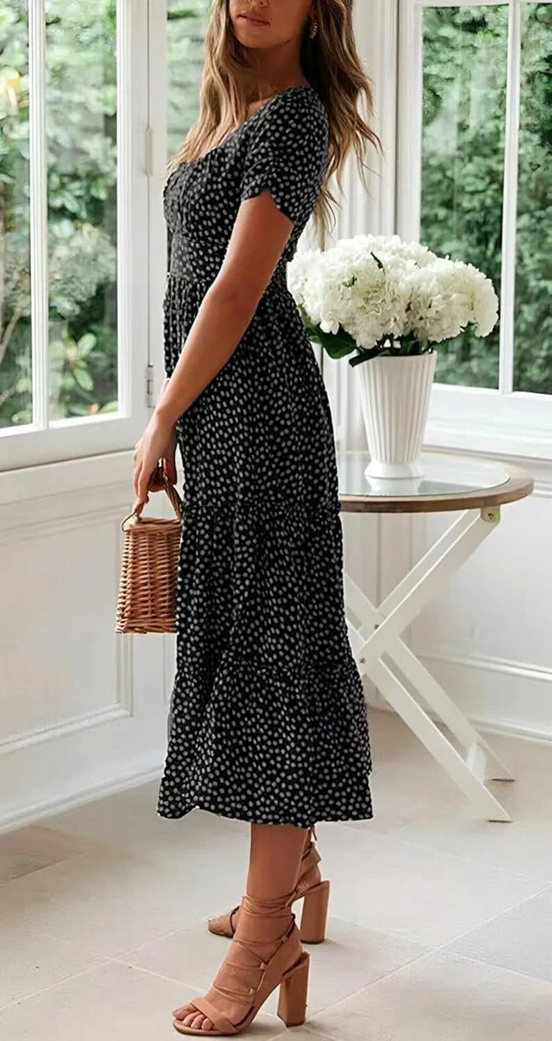 Roll Up Fashion Women's Girls Spring Summer Floral Midi Dress Ruffle Hem Puff Sleeves Cute Trendy Dresses
