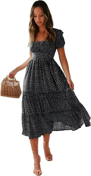 Roll Up Fashion Women's Girls Spring Summer Floral Midi Dress Ruffle Hem Puff Sleeves Cute Trendy Dresses