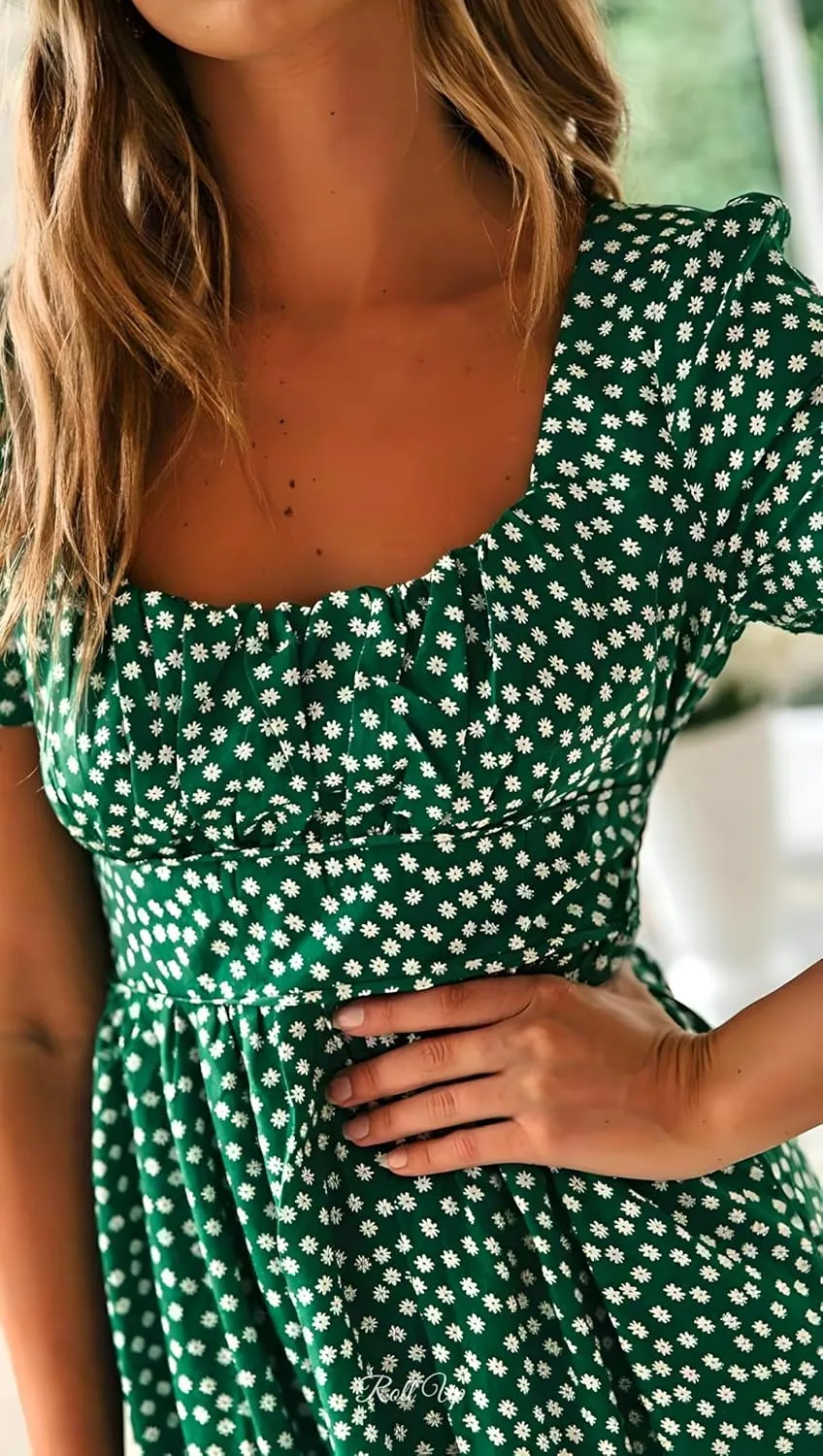 Roll Up Fashion Women's Girls Spring Summer Floral Midi Dress Ruffle Hem Puff Sleeves Cute Trendy Dresses