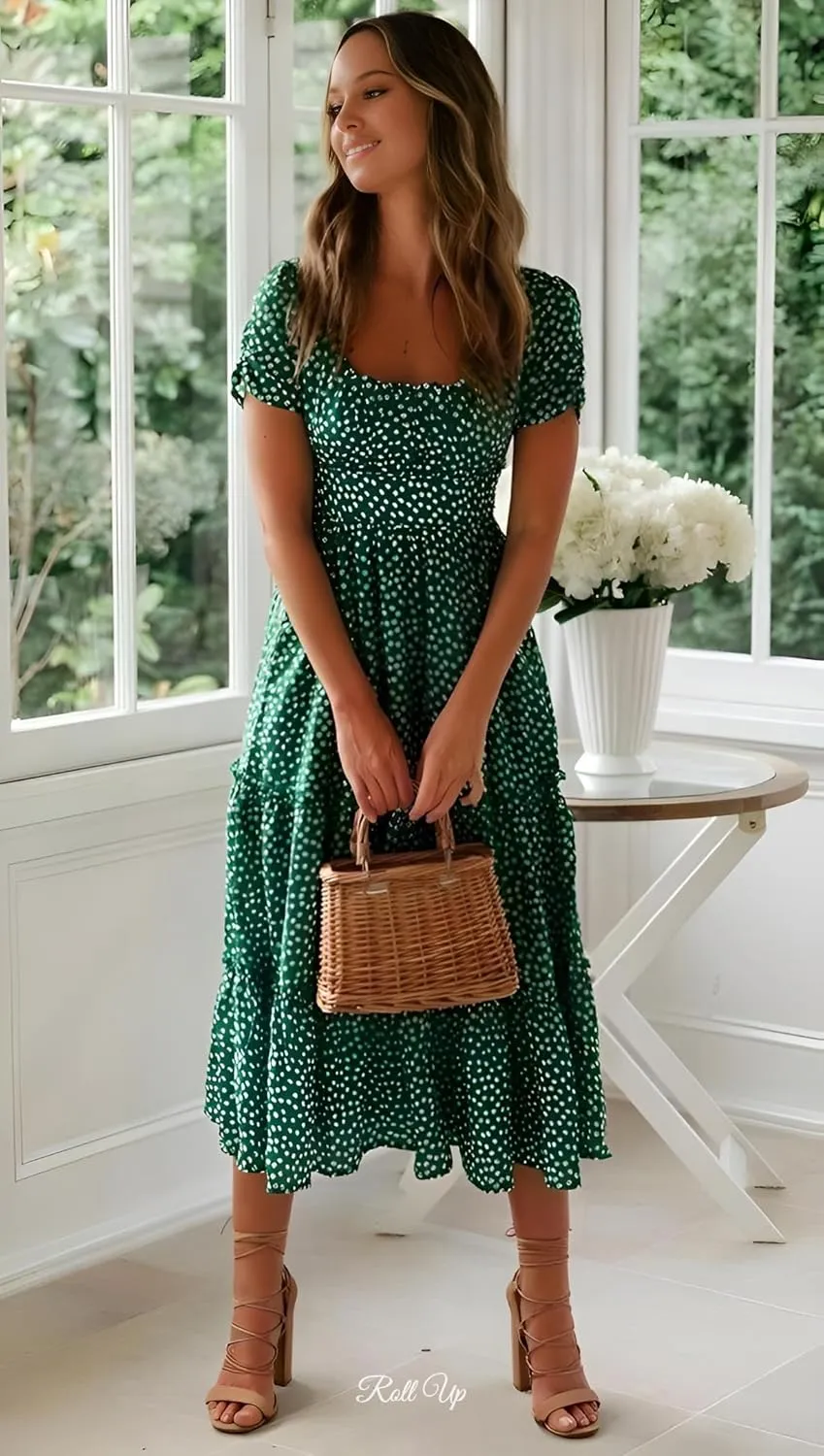 Roll Up Fashion Women's Girls Spring Summer Floral Midi Dress Ruffle Hem Puff Sleeves Cute Trendy Dresses