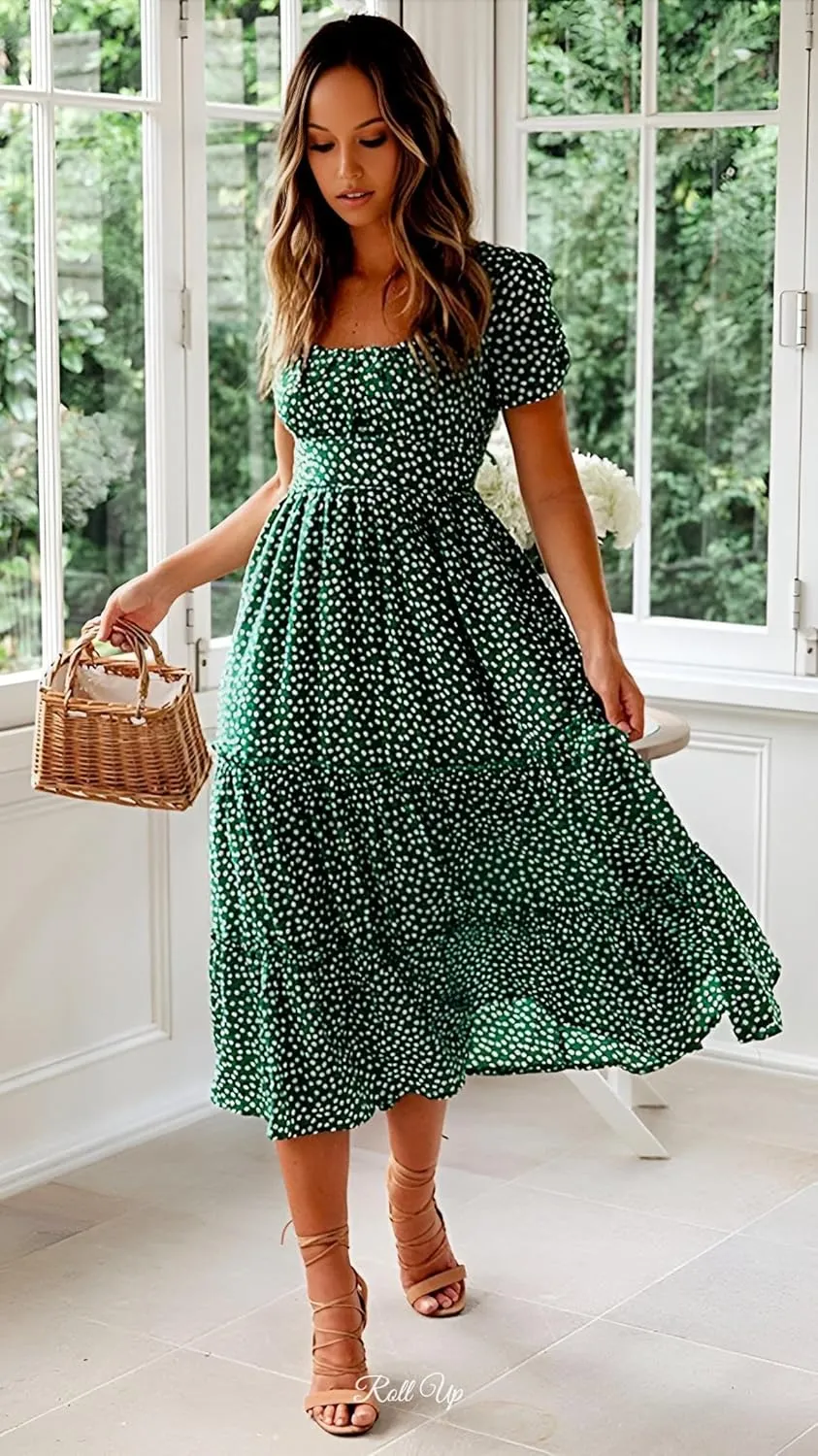 Roll Up Fashion Women's Girls Spring Summer Floral Midi Dress Ruffle Hem Puff Sleeves Cute Trendy Dresses