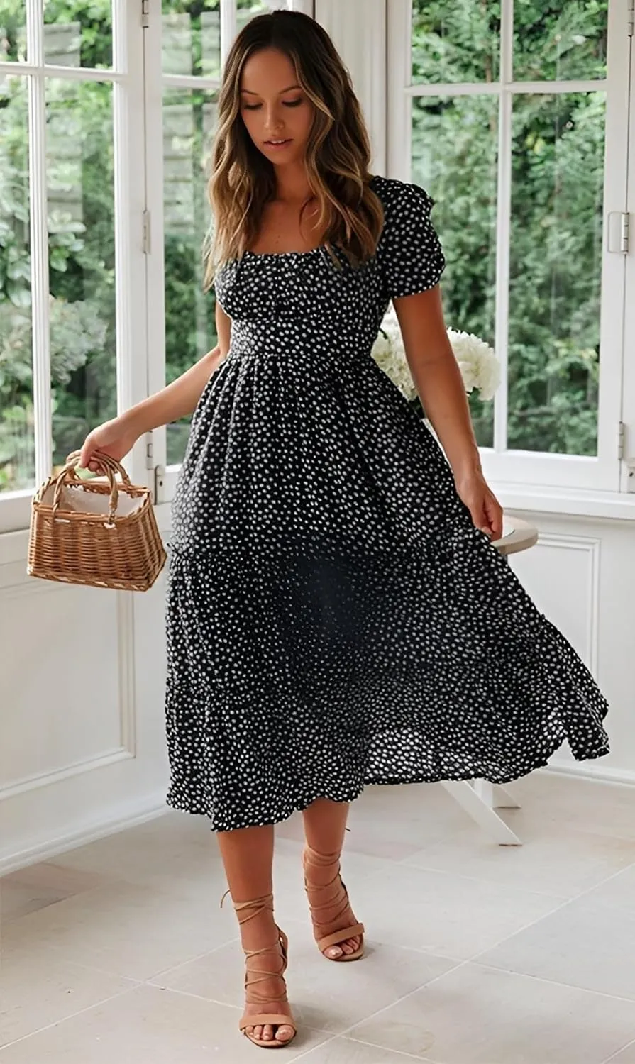 Roll Up Fashion Women's Girls Spring Summer Floral Midi Dress Ruffle Hem Puff Sleeves Cute Trendy Dresses