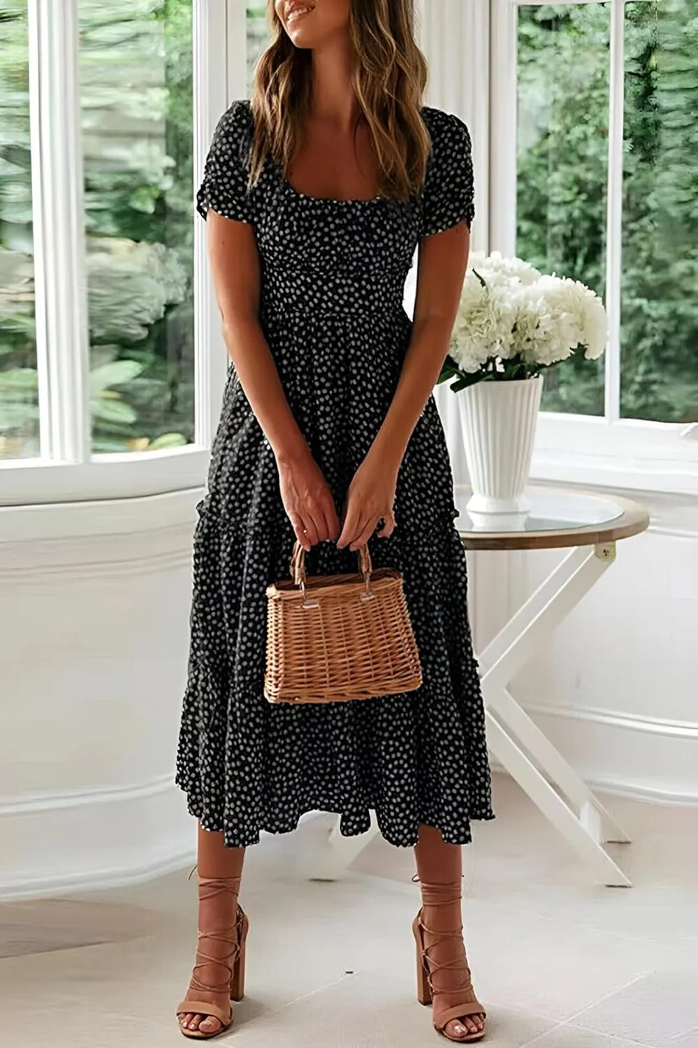 Roll Up Fashion Women's Girls Spring Summer Floral Midi Dress Ruffle Hem Puff Sleeves Cute Trendy Dresses